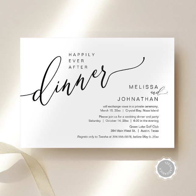 Invitación Feliz Nunca Después De La Cena De Boda Elopement F (Happily Ever After Wedding Elopement Dinner Invitation Card, Modern Romantic, Editable Downloadable)