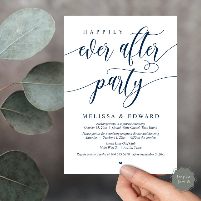 Invitación Feliz Nunca Después De La Cena De Boda Elopement F (Wedding Happily Ever After Party Dinner Brunch Elopement Invitation Card, PDF, Navy Blue)