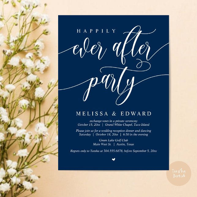 Invitación Feliz Nunca Después De La Cena De Boda Elopement F (Wedding Happily Ever After Party Dinner Brunch Elopement Invitation Card, PDF, Navy Blue)