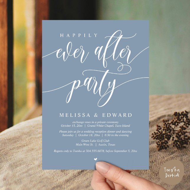 Invitación Feliz Nunca Después De La Cena De Boda Elopement F (Wedding Happily Ever After Party Dinner Brunch Elopement Invitation Card, PDF, Dusty Blue)