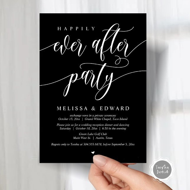 Invitación Feliz Nunca Después De La Cena De Boda Elopement F (Wedding Happily Ever After Party Dinner Brunch Elopement Invitation Card, PDF, Classy Black)