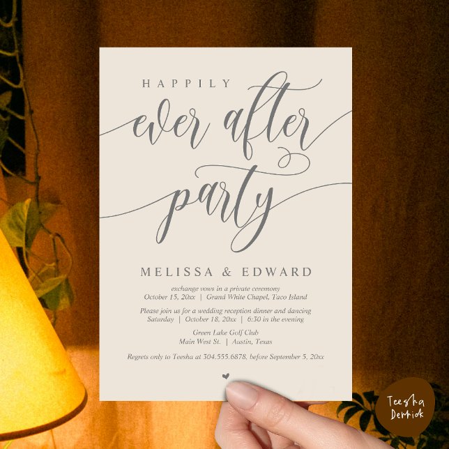 Invitación Feliz Nunca Después De La Cena De Boda Elopement F (Wedding Happily Ever After Party Dinner Brunch Elopement Invitation Card, PDF, Cream Grey)
