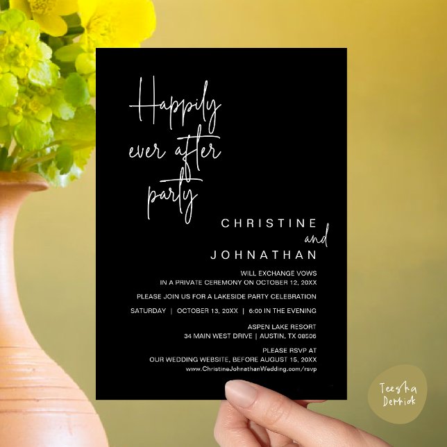 Invitación Feliz Nunca Después De La Cena De Boda Elopement F (Happily Ever After Wedding Elopement Dinner Party Invitation Card PDF Modern Minimalist Classy Black)