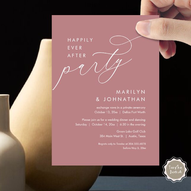 Invitación Feliz Nunca Después De La Cena De Boda Elopement F (Happily Ever After Party, Modern Minimalist Wedding Dinner Invitation Card, PDF, Dusty Rose Pink)