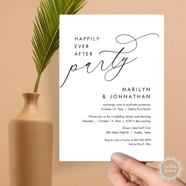 Invitación Feliz Nunca Después De La Cena De Boda Elopement F (Happily Ever After Party, Modern Minimalist Wedding Dinner Invitation Card, PDF, Black and White)