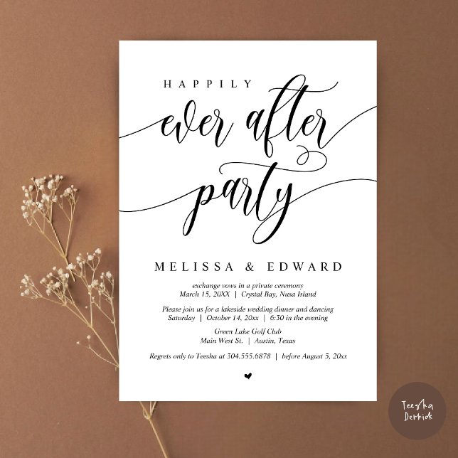 Invitación Feliz Nunca Después De La Cena De Fiesta Elopement (Happily Ever After Elopement Party Invitation Card, PDF, Modern Wedding Dinner, in Black and White)