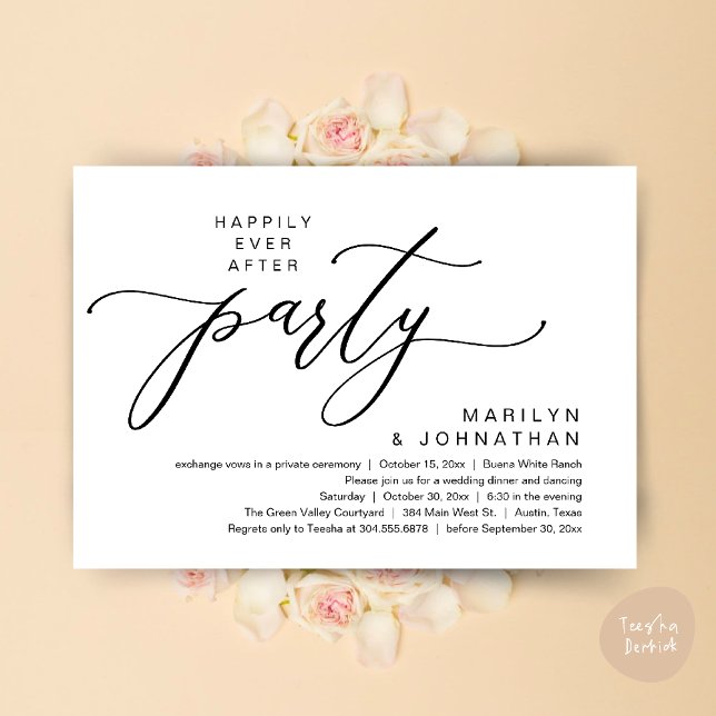 Invitación Feliz Nunca Después De La Cena Del Boda Fiesta Elo (Happily Ever After Party Wedding Elopement Romantic Dinner Brunch Invitation Card PDF White Black)
