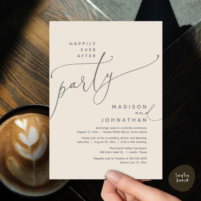 Invitación Feliz Nunca Después De La Cena Del Boda Fiesta Elo (Romantic Happily Ever After Party Modern Wedding Elopement Dinner Invitation Card PDF Cream Grey)