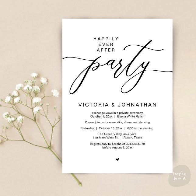 Invitación Feliz Nunca Después De La Cena Del Boda Fiesta Elo (Romantic Happily Ever After Party Modern Wedding Elopement Dinner Invitation Card PDF White Black)