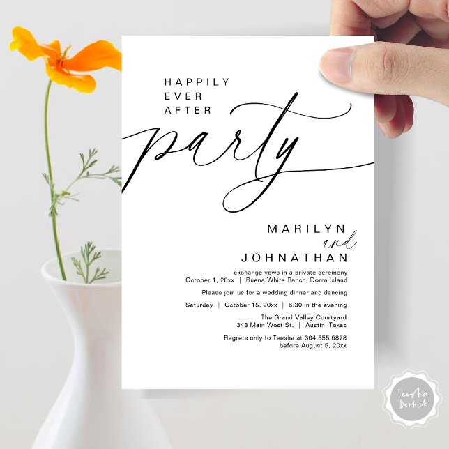 Invitación Feliz Nunca Después De La Cena Del Boda Fiesta Elo (Happily Ever After Party Wedding Elopement Dinner Invitation Card PDF Modern Romantic White Black)
