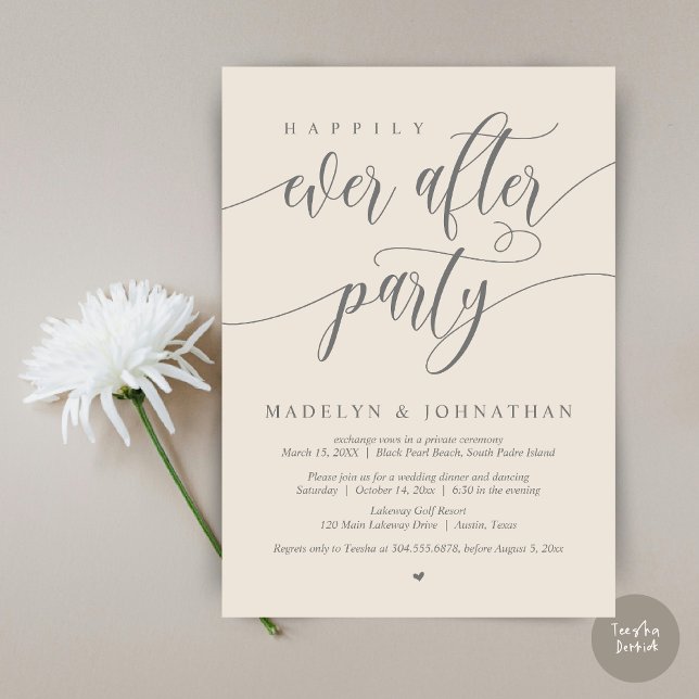 Invitación Feliz Nunca Después De La Cena Fiesta Boda, Cream (Happily Ever After Party, Modern Calligraphy Wedding Dinner Invitation Card, PDF, in Cream Grey)