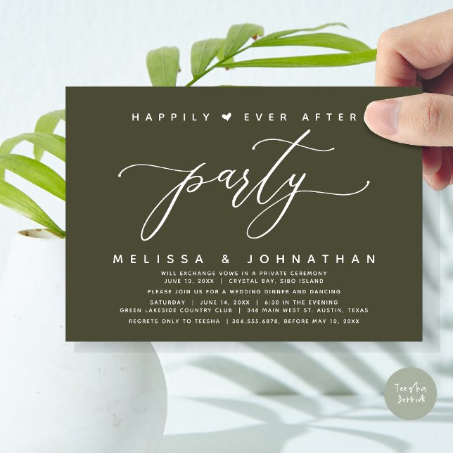 Invitación Feliz Nunca Después De La Cena Fiesta Boda De Oliv (Modern Romantic Wedding Elopement Happily Ever After Dinner Party Invitation Card, PDF, Olive Green)
