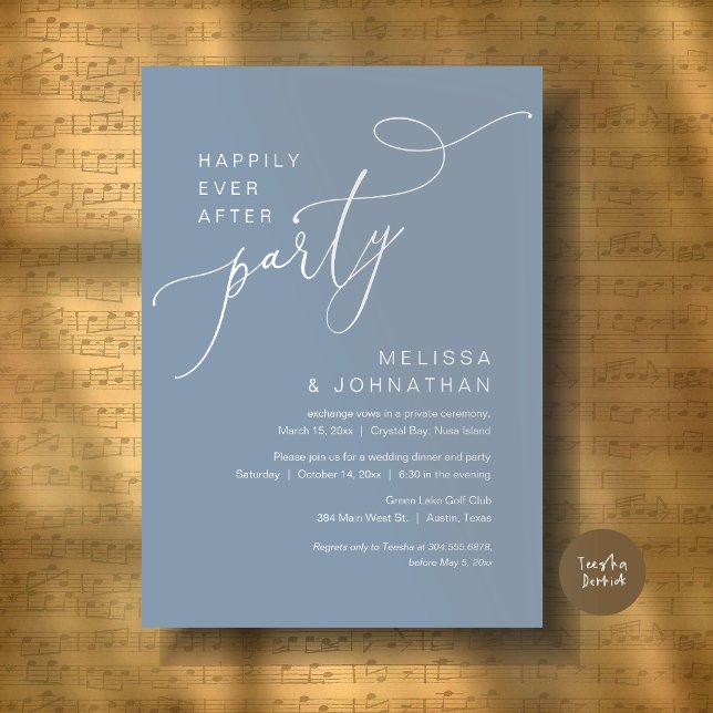 Invitación Feliz Nunca Después De La Cena Fiesta Boda Dusty B (Happily Ever After Party, Romantic Wedding Dinner and Dancing Invitation Card, PDF, in Dusty Blue)