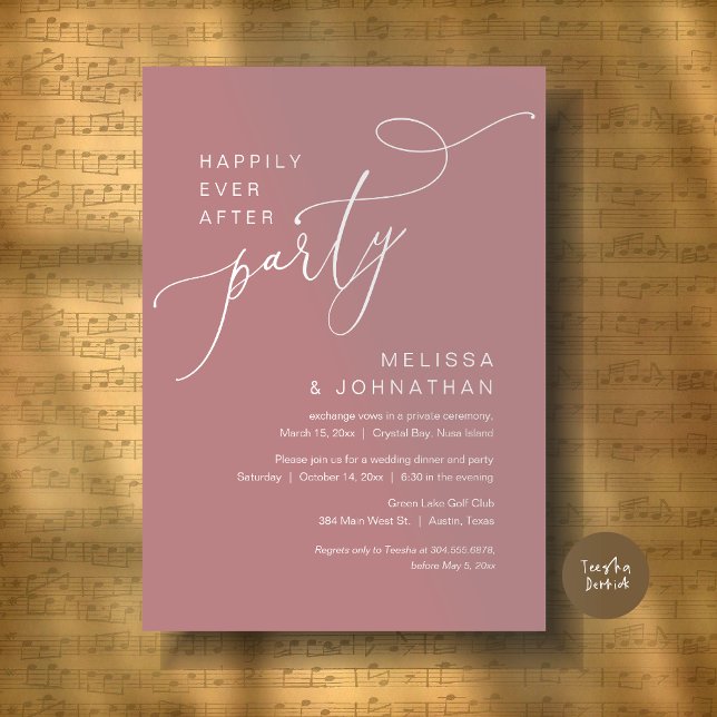 Invitación Feliz Nunca Después De La Cena Fiesta Boda Dusty R (Happily Ever After Party, Romantic Wedding Dinner and Dancing Invitation Card, PDF, Dusty Rose Pink)