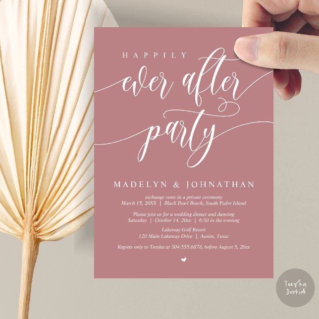Invitación Feliz Nunca Después De La Cena Fiesta Boda Dusty R (Happily Ever After Party, Modern Calligraphy Wedding Dinner Invitation Card, PDF, in Dusty Rose Pink)