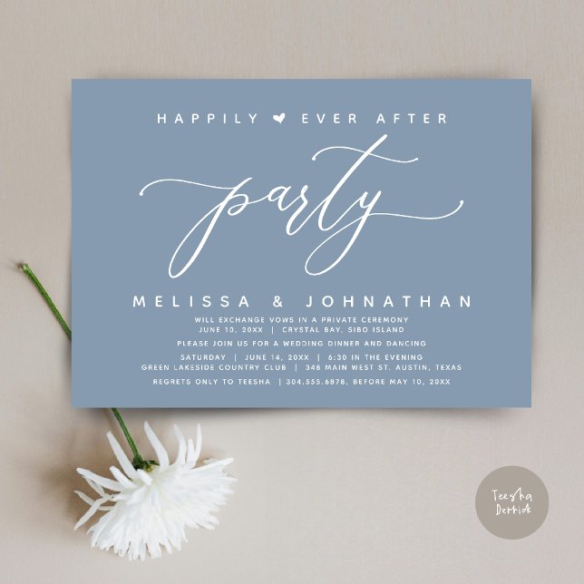 Invitación Feliz Nunca Después De La Cena Fiesta Dusty Blue B (Modern Romantic Wedding Elopement Happily Ever After Dinner Party Invitation Card, PDF, Dusty Blue)