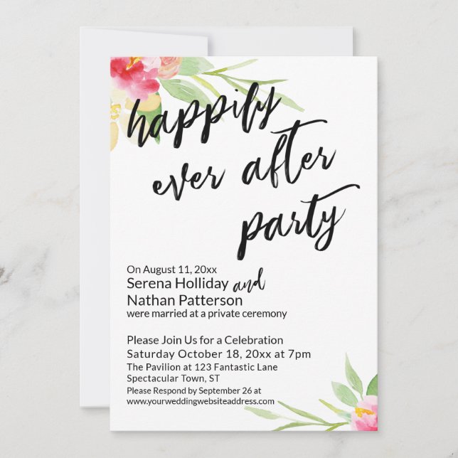 Invitación Feliz Nunca Después De La Escritura A Mano Floral  (Anverso)