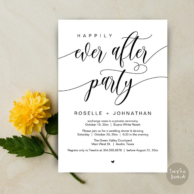 Invitación Feliz Nunca Después De La Fiesta Moderna Cena Boda (Happily Ever After Party Modern Wedding Dinner Dancing Invitation Card PDF White Black)