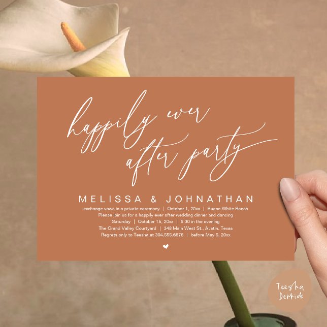 Invitación Feliz Nunca Después De La Fiesta Moderna Cena Boda (Happily Ever After Party Modern Romantic Wedding Dinner Party Invitation Card PDF Terracotta Copper)