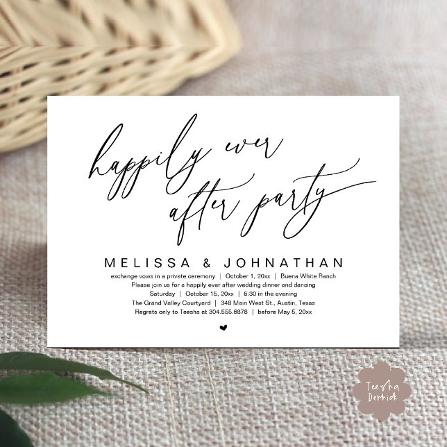 Invitación Feliz Nunca Después De La Fiesta Moderna Cena Boda (Happily Ever After Party Modern Romantic Wedding Dinner Party Invitation Card PDF Black White)