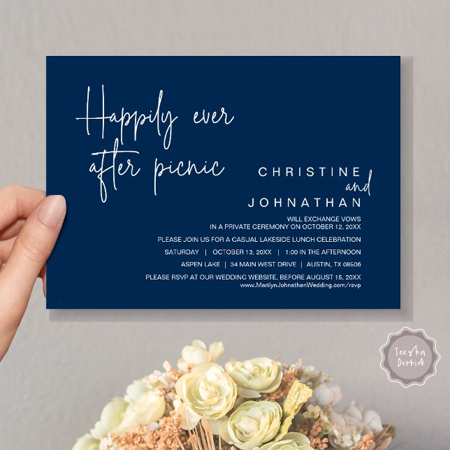 Invitación Feliz Nunca Después De Un Picnic, Boda Elopement (Happily Ever After Picnic, Wedding Celebration Invitation Card, PDF, in Navy Blue)