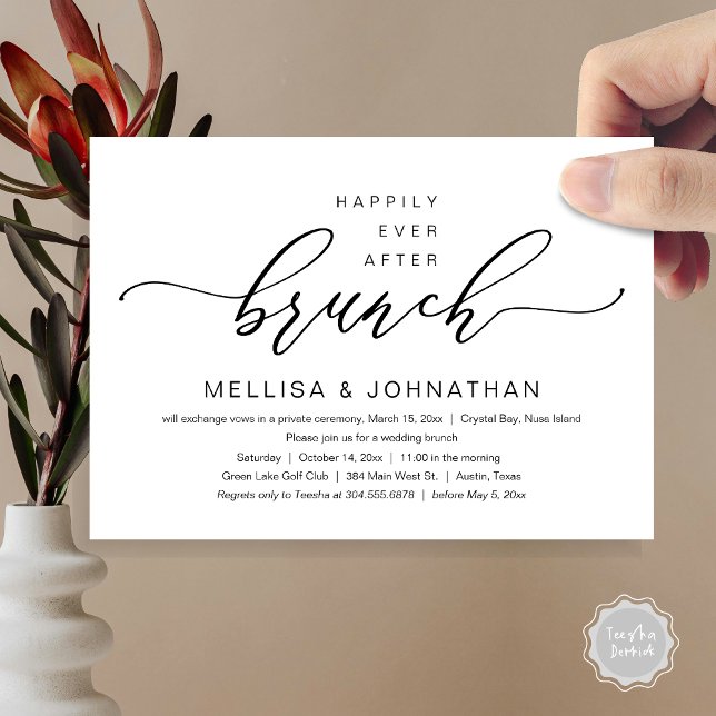 Invitación Feliz Nunca Después Del Boda Elopement Brunch Fies (Happily Ever After Wedding Brunch Invitation Card, Modern Romantic Script, in Black and White)