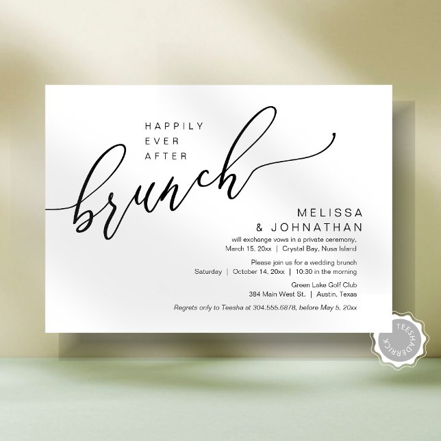 Invitación Feliz Nunca Después Del Brunch De Boda Elopement (Happily Ever After Romantic Wedding Elopement Brunch Party Invitation Card, Post Wedding Template)
