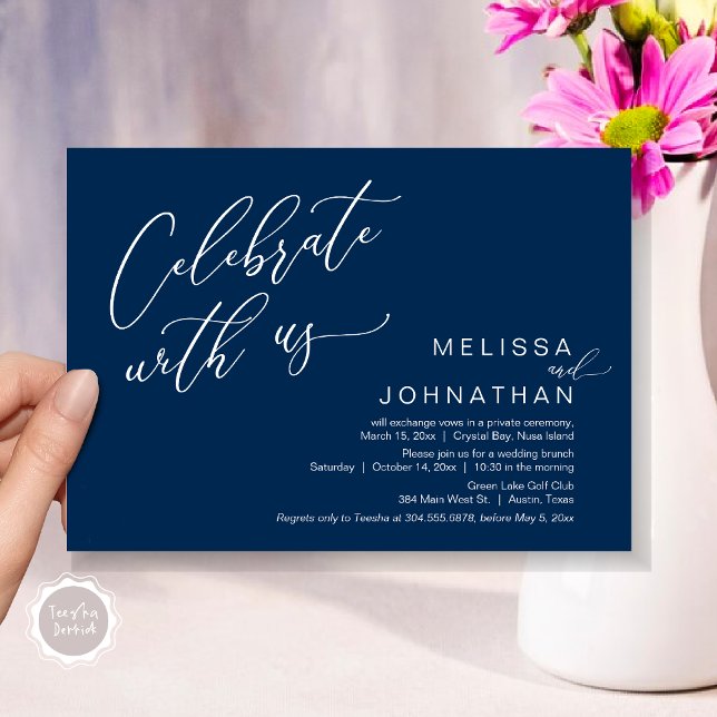 Invitación Feliz Nunca Después Del Brunch De Boda Elopement (Celebrate with us, Nothing Fancy Just Love, Romantic Wedding Brunch Invitation Card PDF Navy Blue)