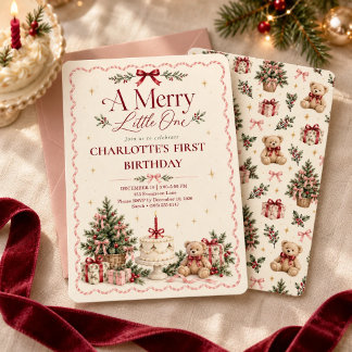 Invitación Feliz Osito de Navidad Cumpleaños Primero Teddy