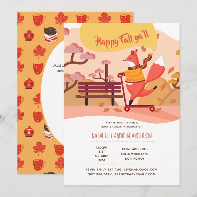 Invitación Feliz otoño, Fox Hygge Folk Art Baby Shower (Anverso / Reverso)