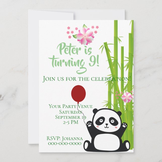Invitación Feliz Panda con Bambú y Cerezo en flor Cumpleaños (Anverso)
