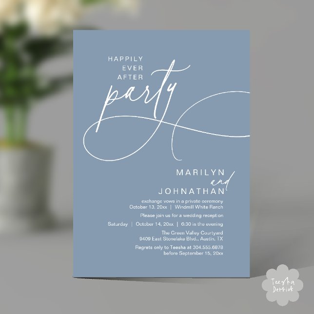 Invitación Feliz para Siempre Cena de Boda Moderna y Elegante (Happily Ever After Modern Elegant Romantic Wedding Reception Dinner Invitation Card in Dusty Blue)