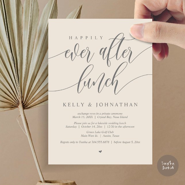 Invitación Feliz para siempre después del almuerzo Boda, en g (Happily Ever After Wedding Lunch Invitation Card, PDF, Modern Calligraphy, in Cream Grey)