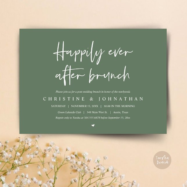 Invitación Feliz para siempre después del brunch, después de  (Happily ever after brunch party, post wedding invitation card, pdf, in forest sage green)