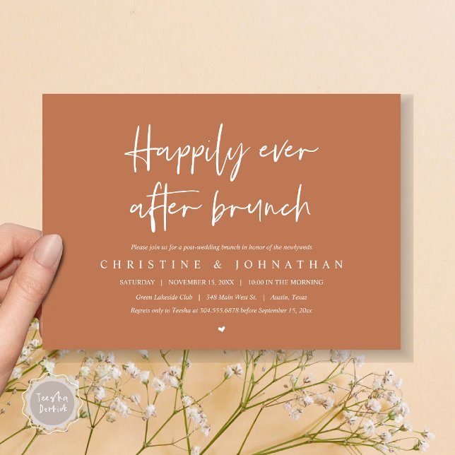 Invitación Feliz para siempre después del brunch, después de  (Happily ever after brunch party, post wedding invitation card, pdf, in timeless copper rust brown)
