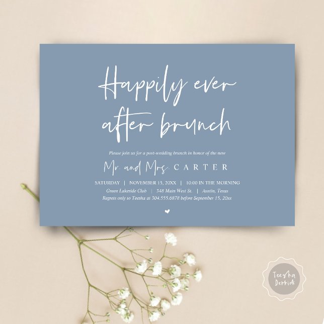 Invitación Feliz para siempre después del brunch, Moderno pos (Happily Ever After Brunch Invitation Card, PDF, Modern Wedding Elopement, Celebration, Dusty Blue)