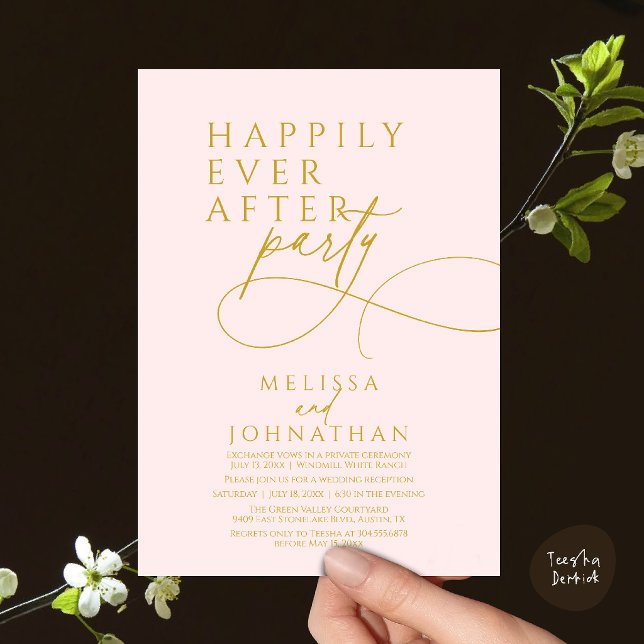 Invitación Feliz Para Siempre Fiesta de Boda Moderna y Elegan (Happily Ever After Modern Elegant Wedding Reception Party Invitation Card in blush and gold)