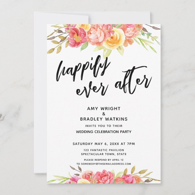 Invitación Feliz para Siempre Recepción de Boda con Floral Br (Anverso)