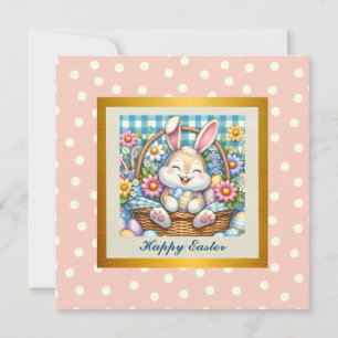Invitación Feliz Pascua con conejito lindo, huevos y floral