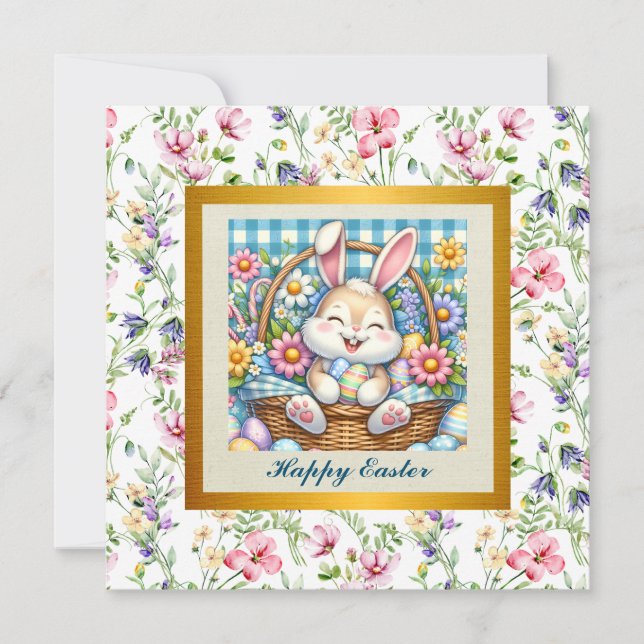 Invitación Feliz Pascua con conejito lindo, huevos y floral (Anverso)