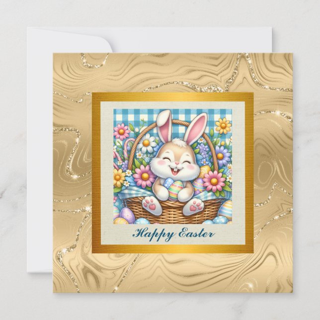 Invitación Feliz Pascua con conejito lindo, huevos y floral (Anverso)