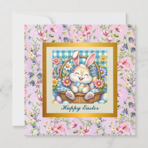 Invitación Feliz Pascua con conejo lindo, huevos y floral