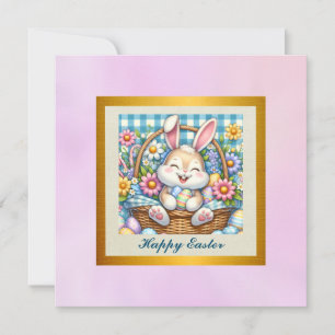 Invitación Feliz Pascua con conejo lindo, huevos y floral