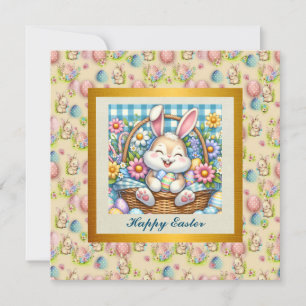 Invitación Feliz Pascua con conejo lindo, huevos y floral