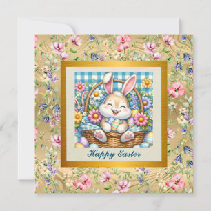 Invitación Feliz Pascua con conejo lindo, huevos y floral