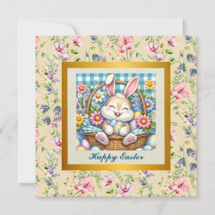 Invitación Feliz Pascua con conejo lindo, huevos y floral
