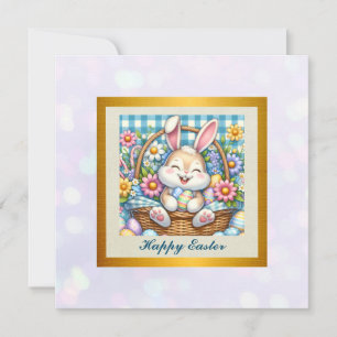 Invitación Feliz Pascua con conejo lindo, huevos y floral