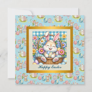 Invitación Feliz Pascua con conejo lindo, huevos y floral