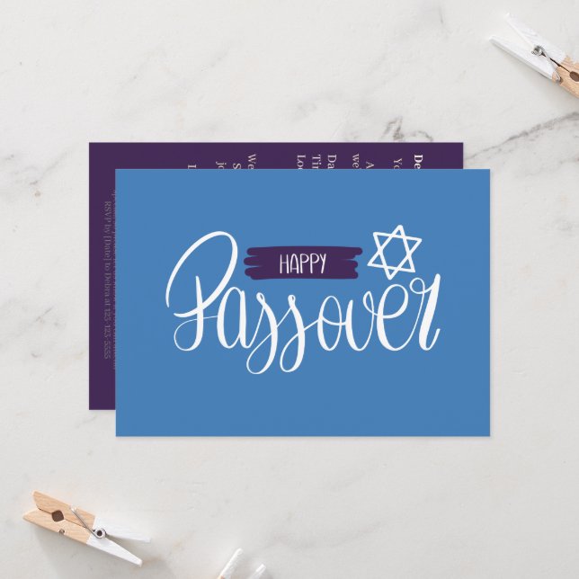 Invitación Feliz Pascua | Pescado Séder azul sólido (Anverso/Reverso In Situ)