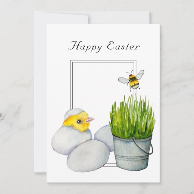 Invitación Feliz Pascua, pollito lindo y abeja (Anverso)